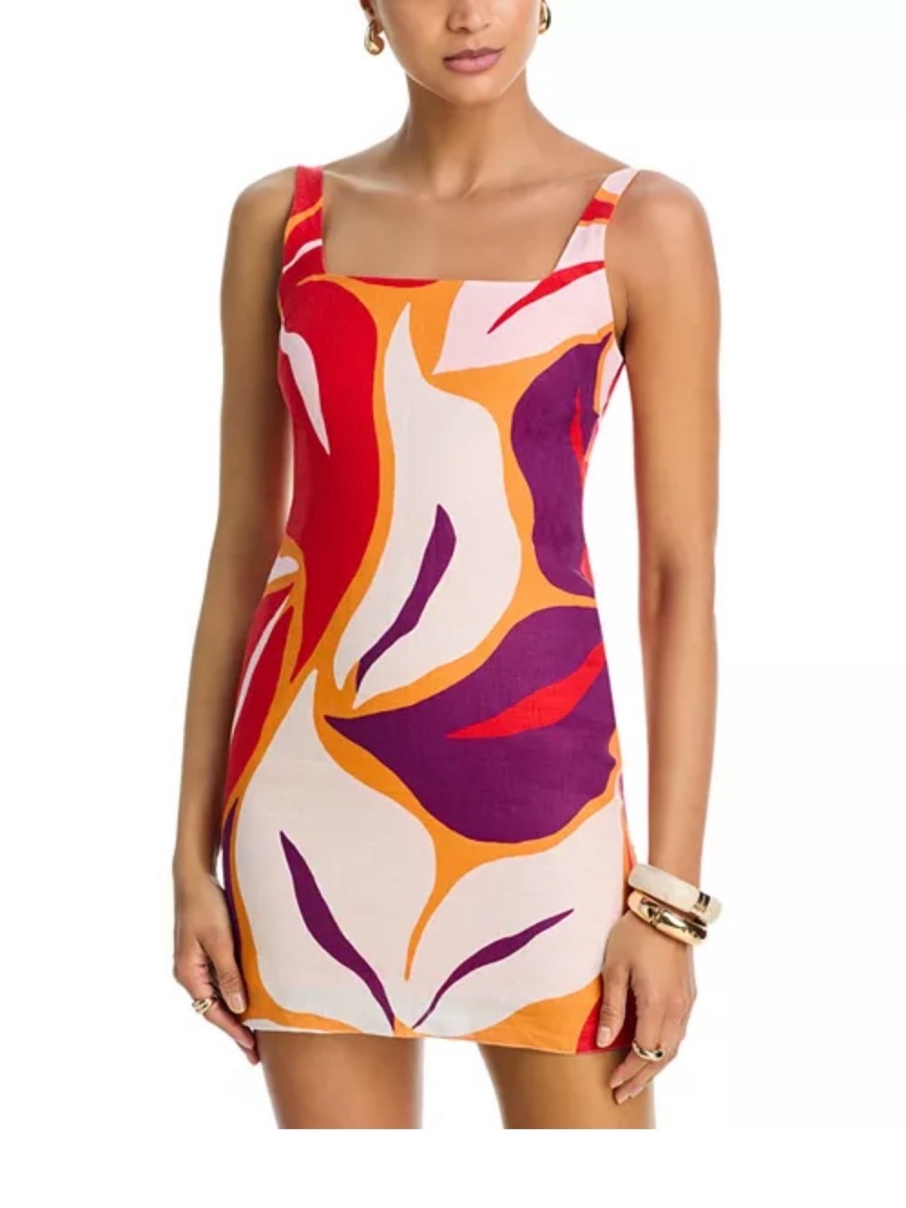 Abstract Square-Neck Mini Dress in Pink, Red & Purple